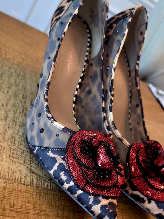 Betsey Johnson Shoes - Betsey Johnson Leopard Print 9.5 Pointed Toe Heels with Red Sequin Flower